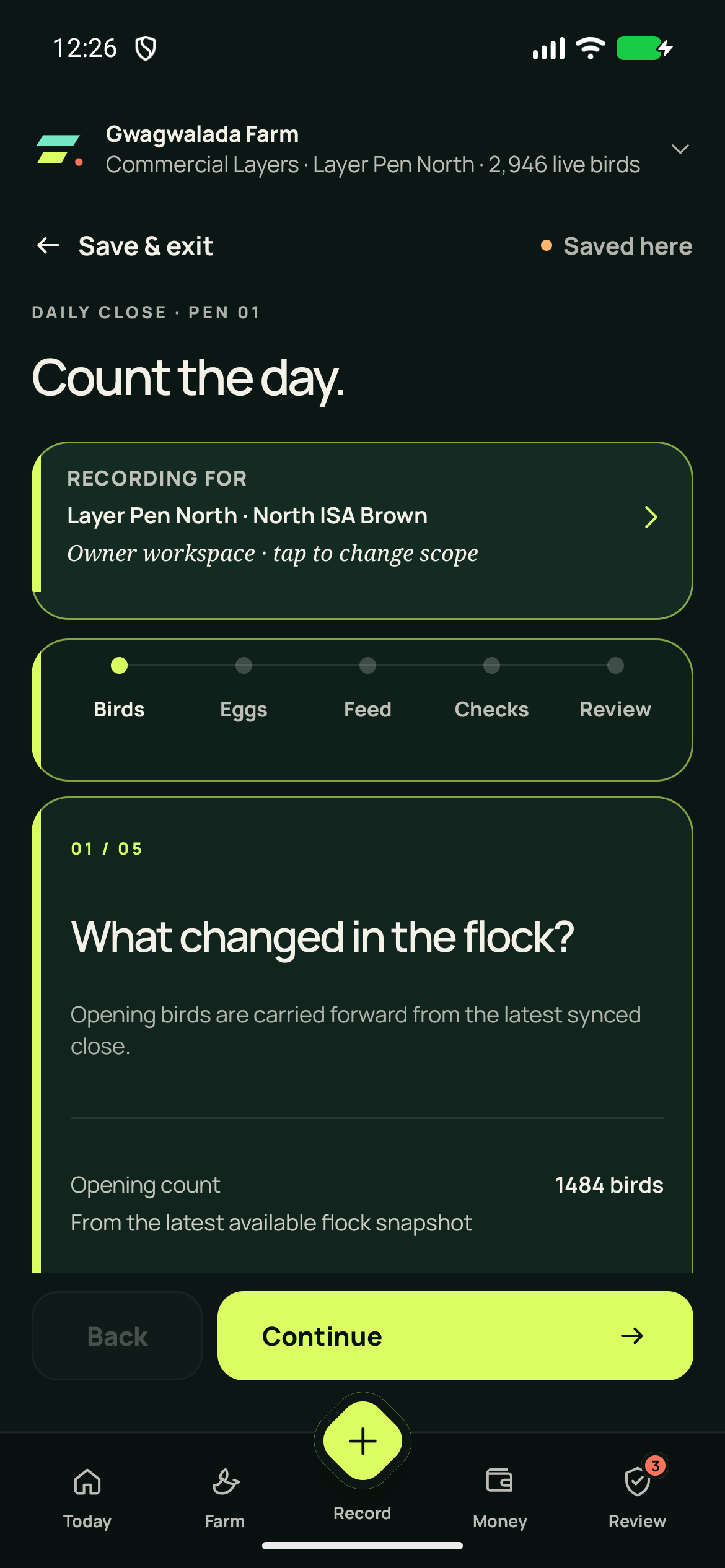 RiDaju daily close guiding a user through birds, eggs, feed, checks and review